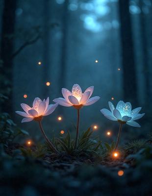 The primary subject of the image is a group of three white flowers with blue centers, sitting in a forest setting. The flowers are lit up, creating a magical and serene atmosphere. The setting includes trees and a forest environment, which adds to the overall mood of the scene. The visual style of the image is a combination of photo and digital art, creating a unique and captivating representation of the flowers in their natural surroundings.